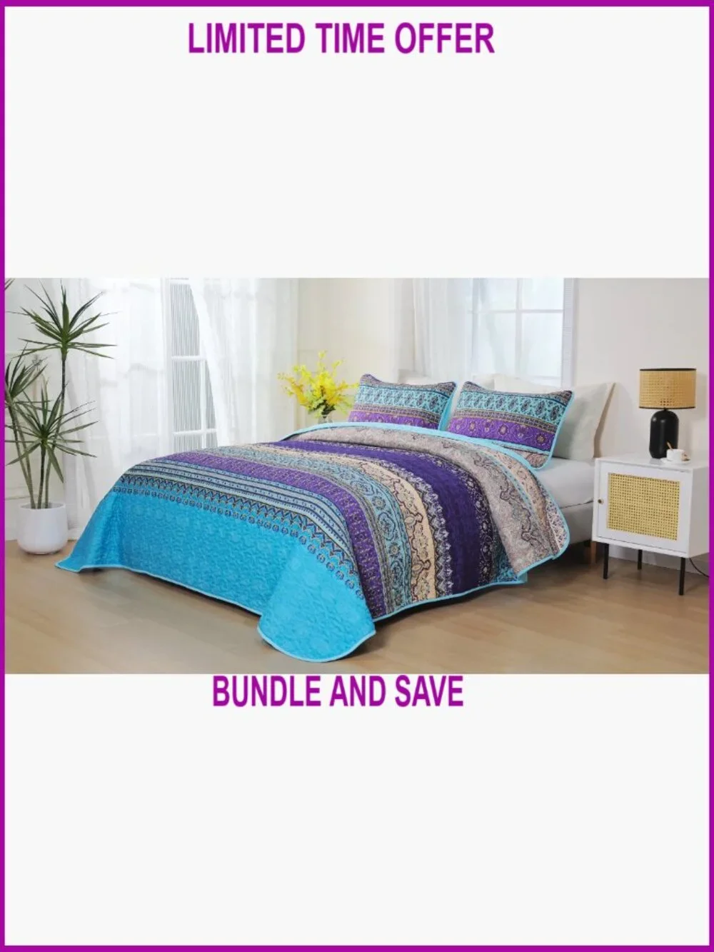Queen Size Quilt Set, Lightweight Microfiber, Bohemian Pattern, All Season - Picture 7 of 7